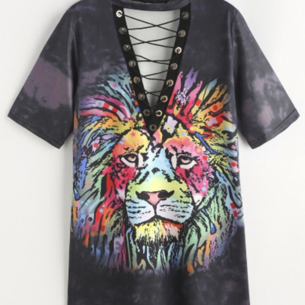 Bleach dye lion print lace up tee dress